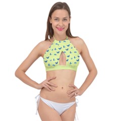 Blue Butterflies At Lemon Yellow, Nature Themed Pattern Cross Front Halter Bikini Top by Casemiro