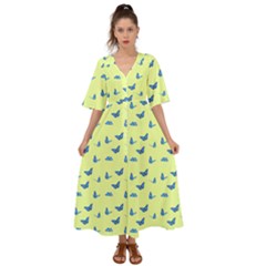 Blue Butterflies At Lemon Yellow, Nature Themed Pattern Kimono Sleeve Boho Dress by Casemiro