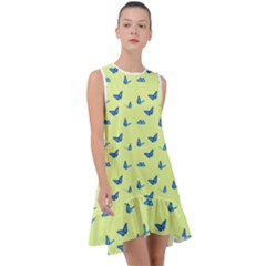 Blue Butterflies At Lemon Yellow, Nature Themed Pattern Frill Swing Dress by Casemiro