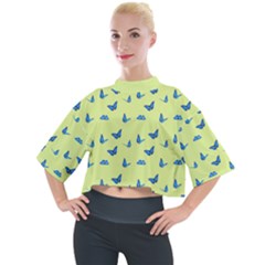 Blue Butterflies At Lemon Yellow, Nature Themed Pattern Mock Neck Tee by Casemiro