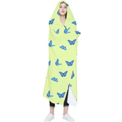 Blue Butterflies At Lemon Yellow, Nature Themed Pattern Wearable Blanket by Casemiro