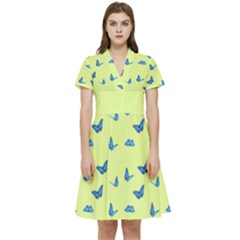 Blue Butterflies At Lemon Yellow, Nature Themed Pattern Short Sleeve Waist Detail Dress by Casemiro