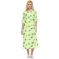 Blue Butterflies At Lemon Yellow, Nature Themed Pattern Double Cuff Midi Dress by Casemiro