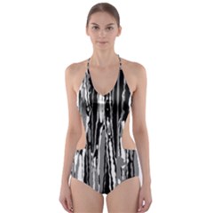 Black And White Abstract Linear Print Cut-out One Piece Swimsuit by dflcprintsclothing