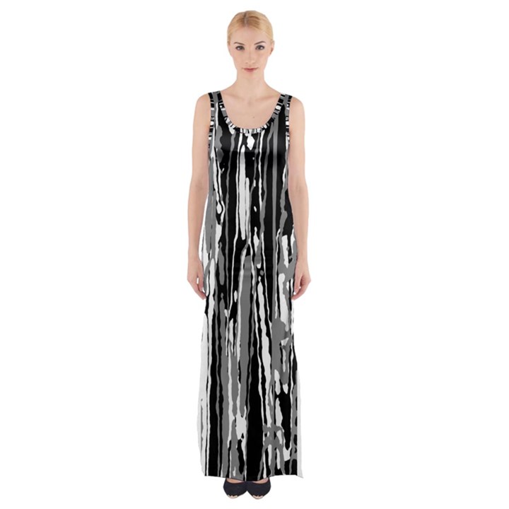 Black And White Abstract Linear Print Thigh Split Maxi Dress