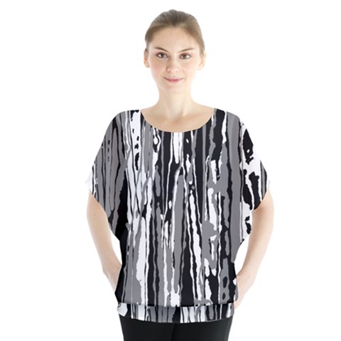 Black And White Abstract Linear Print Batwing Chiffon Blouse by dflcprintsclothing