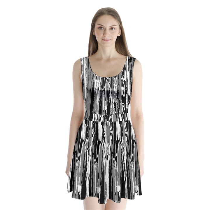 Black And White Abstract Linear Print Split Back Mini Dress 