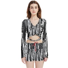 Black And White Abstract Linear Print Velvet Wrap Crop Top And Shorts Set by dflcprintsclothing