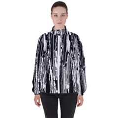 Black And White Abstract Linear Print Women s High Neck Windbreaker by dflcprintsclothing