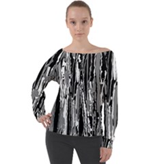 Black And White Abstract Linear Print Off Shoulder Long Sleeve Velour Top by dflcprintsclothing