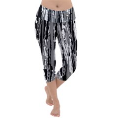 Black And White Abstract Linear Print Lightweight Velour Capri Yoga Leggings by dflcprintsclothing