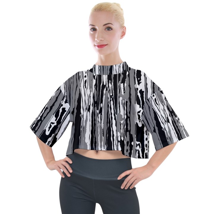 Black And White Abstract Linear Print Mock Neck Tee