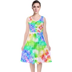 Tie Die Look Rainbow Pattern V-neck Midi Sleeveless Dress  by myblueskye777