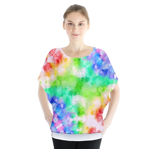 Tie Die Look Rainbow Pattern Batwing Chiffon Blouse by myblueskye777