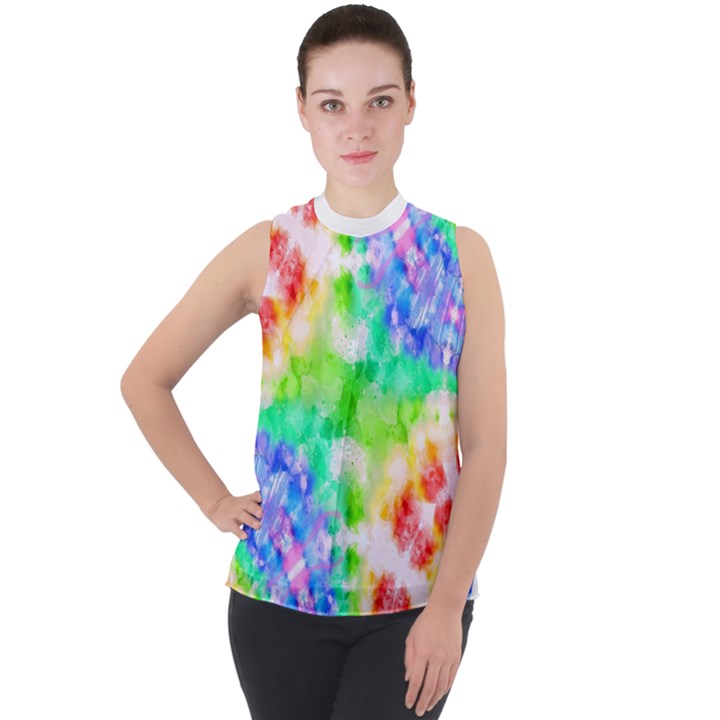 Tie Die Look Rainbow Pattern Mock Neck Chiffon Sleeveless Top