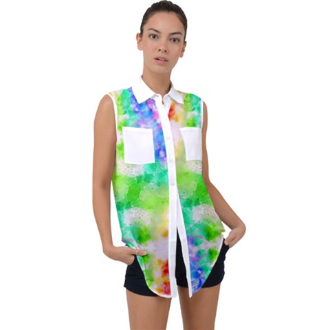 Tie Die Look Rainbow Pattern Sleeveless Chiffon Button Shirt by myblueskye777