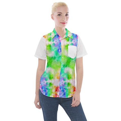 Fpd Batik Rainbow Pattern Women s Short Sleeve Pocket Shirt by myblueskye777