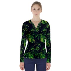 Jungle Camo Tropical Print V-neck Long Sleeve Top by dflcprintsclothing