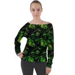 Jungle Camo Tropical Print Off Shoulder Long Sleeve Velour Top by dflcprintsclothing