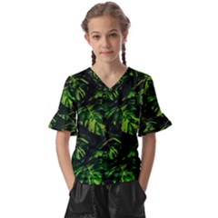 Jungle Camo Tropical Print Kids  V-neck Horn Sleeve Blouse by dflcprintsclothing