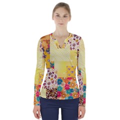 Yellow Floral Aesthetic V-neck Long Sleeve Top by designsbymallika