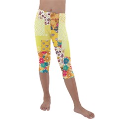 Yellow Floral Aesthetic Kids  Lightweight Velour Capri Leggings  by designsbymallika