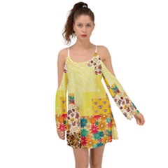 Yellow Floral Aesthetic Kimono Sleeves Boho Dress by designsbymallika