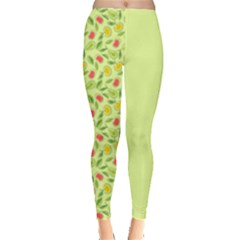 Vector Fruits Pattern, Pastel Colors, Yellow Background Leggings  by Casemiro