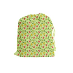 Vector Fruits Pattern, Pastel Colors, Yellow Background Drawstring Pouch (large) by Casemiro