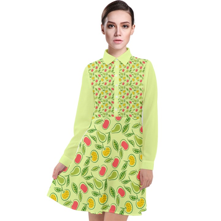 Vector Fruits pattern, pastel colors, yellow background Long Sleeve Chiffon Shirt Dress