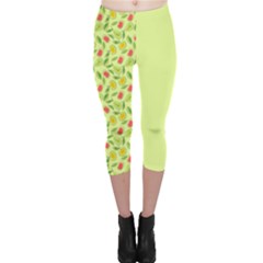 Vector Fruits Pattern, Pastel Colors, Yellow Background Capri Leggings  by Casemiro