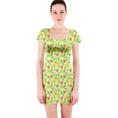 Vector Fruits Pattern, Pastel Colors, Yellow Background Short Sleeve Bodycon Dress by Casemiro