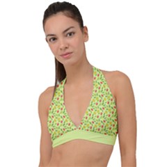 Vector Fruits Pattern, Pastel Colors, Yellow Background Halter Plunge Bikini Top