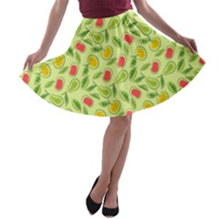 Vector Fruits Pattern, Pastel Colors, Yellow Background A-line Skater Skirt by Casemiro