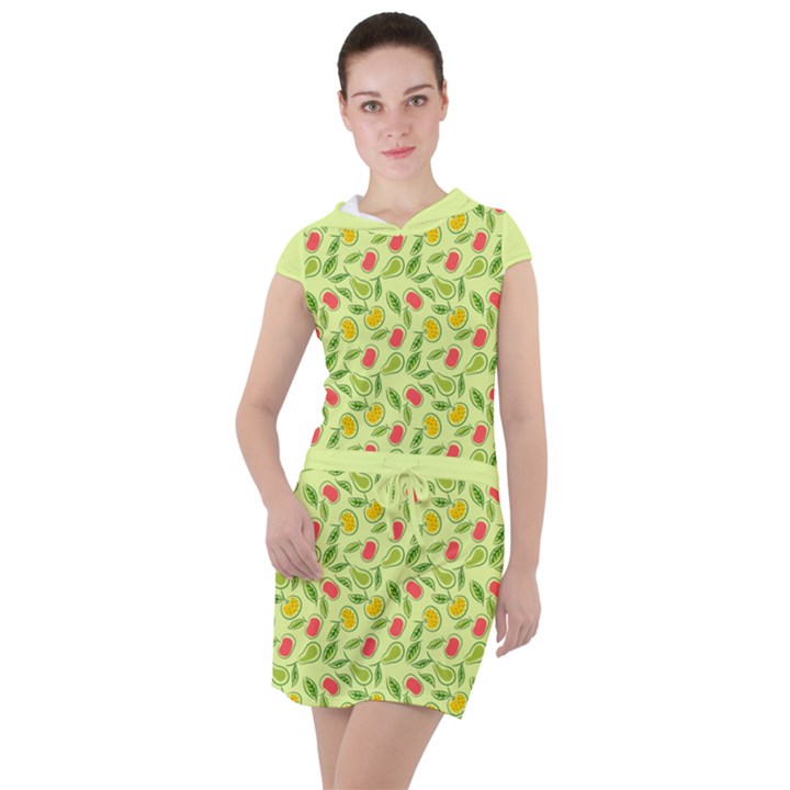 Vector Fruits pattern, pastel colors, yellow background Drawstring Hooded Dress