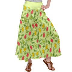 Vector Fruits Pattern, Pastel Colors, Yellow Background Satin Palazzo Pants