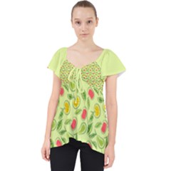 Vector Fruits Pattern, Pastel Colors, Yellow Background Lace Front Dolly Top