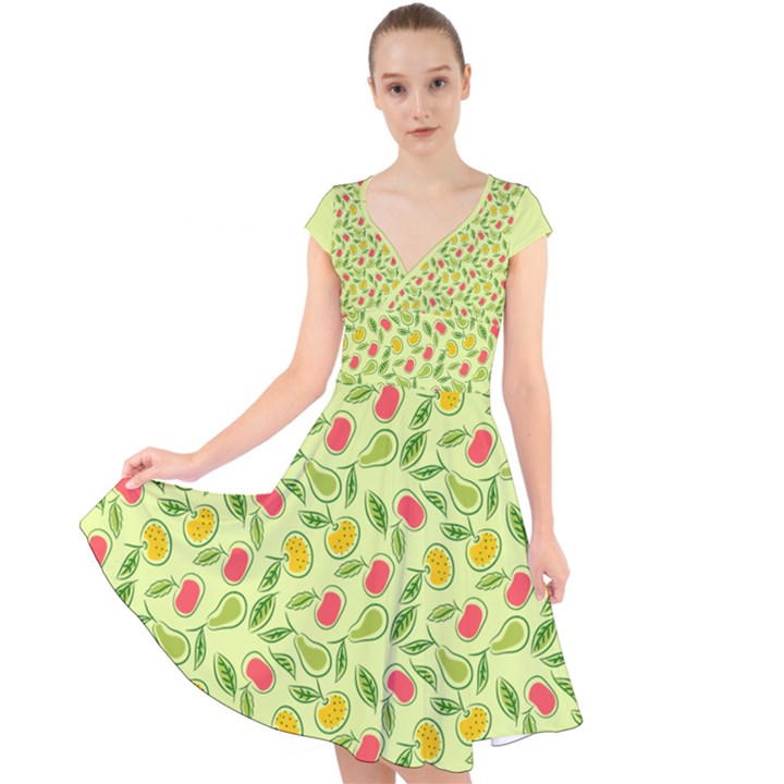 Vector Fruits pattern, pastel colors, yellow background Cap Sleeve Front Wrap Midi Dress