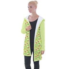 Vector Fruits Pattern, Pastel Colors, Yellow Background Longline Hooded Cardigan