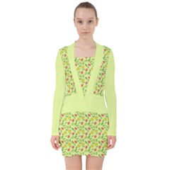 Vector Fruits Pattern, Pastel Colors, Yellow Background V-neck Bodycon Long Sleeve Dress