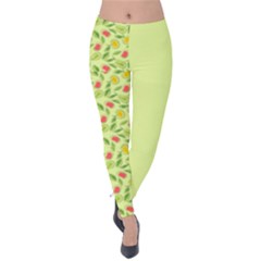 Vector Fruits Pattern, Pastel Colors, Yellow Background Velvet Leggings by Casemiro