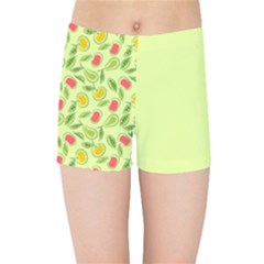 Vector Fruits Pattern, Pastel Colors, Yellow Background Kids  Sports Shorts by Casemiro