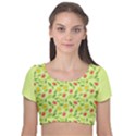 Vector Fruits pattern, pastel colors, yellow background Velvet Short Sleeve Crop Top  View1