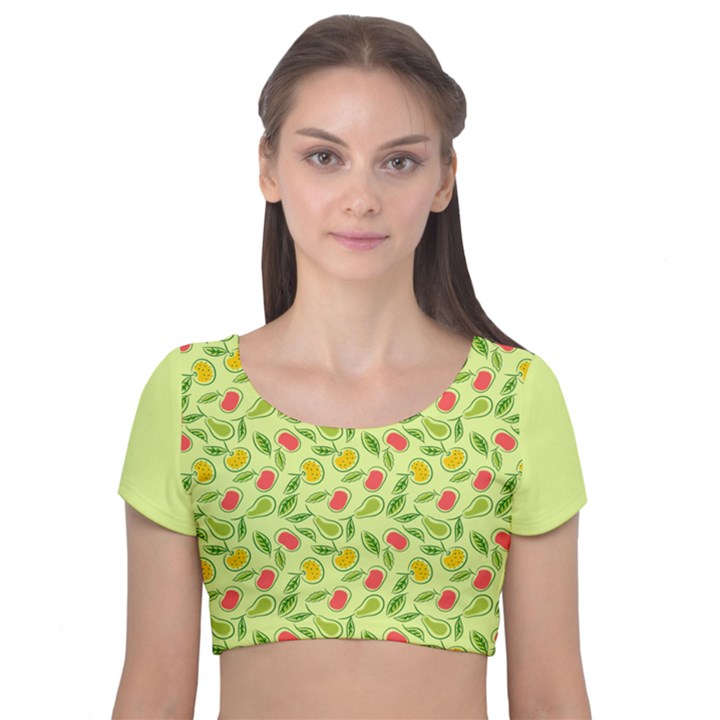 Vector Fruits pattern, pastel colors, yellow background Velvet Short Sleeve Crop Top 