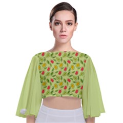 Vector Fruits Pattern, Pastel Colors, Yellow Background Tie Back Butterfly Sleeve Chiffon Top by Casemiro