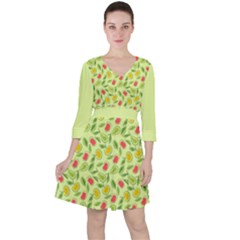 Vector Fruits Pattern, Pastel Colors, Yellow Background Quarter Sleeve Ruffle Waist Dress by Casemiro