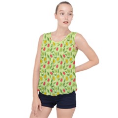 Vector Fruits Pattern, Pastel Colors, Yellow Background Bubble Hem Chiffon Tank Top