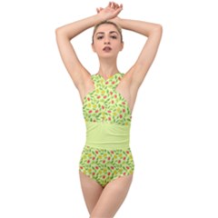 Vector Fruits Pattern, Pastel Colors, Yellow Background Cross Front Low Back Swimsuit by Casemiro