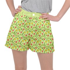 Vector Fruits Pattern, Pastel Colors, Yellow Background Ripstop Shorts by Casemiro