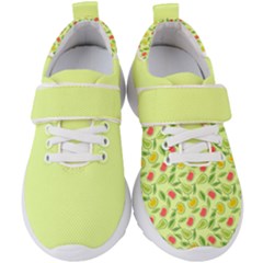 Vector Fruits Pattern, Pastel Colors, Yellow Background Kids  Velcro Strap Shoes by Casemiro